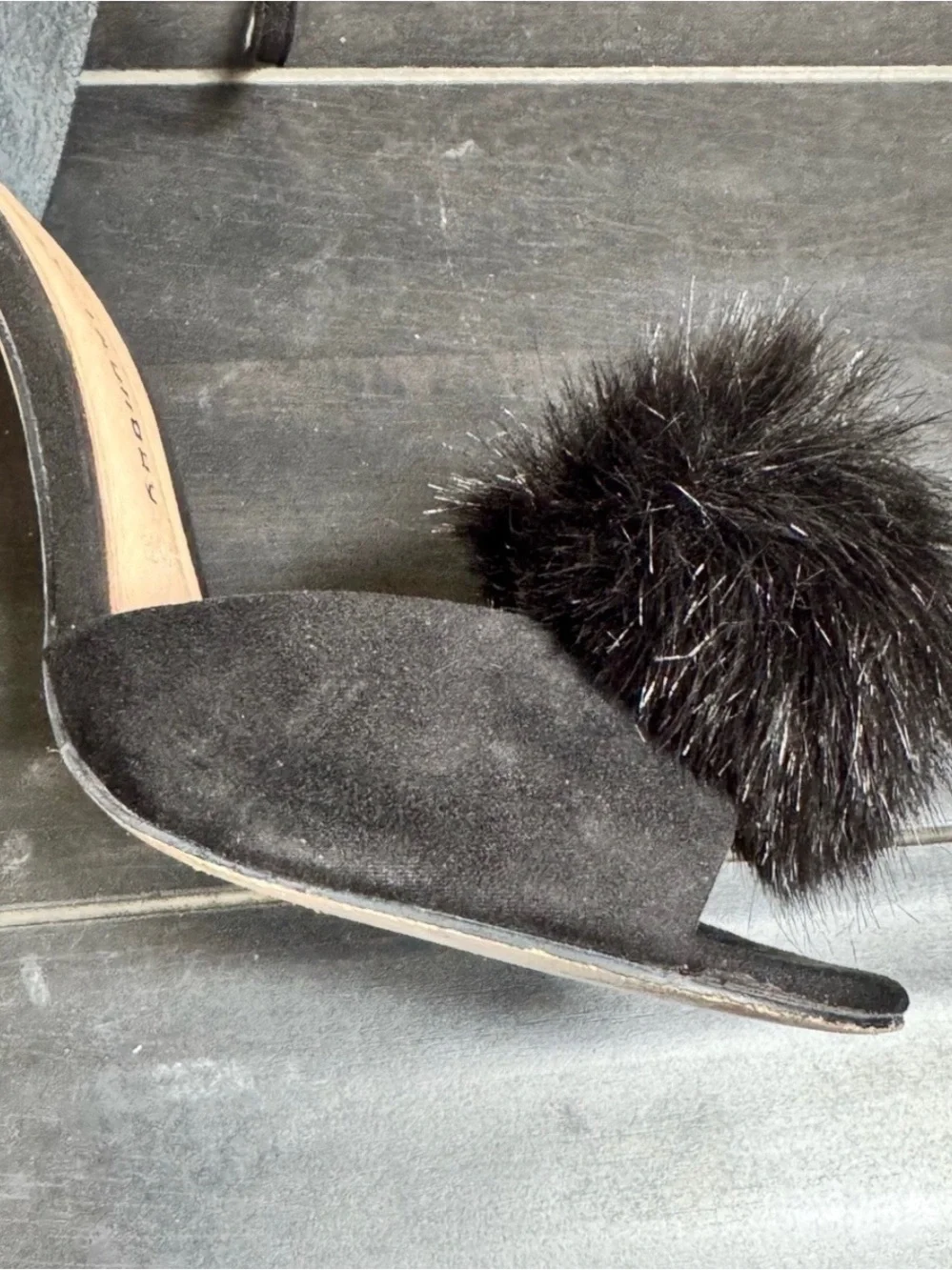 Chinese Laundry Black Ankle-Strap Heels with Pom-Pom